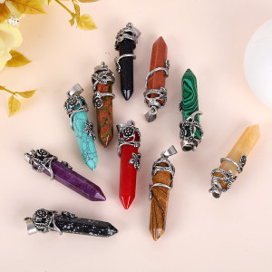 Natural Stone Hexagonal Column Pendant Amethyst Necklace Retro Rose Alloy Pendant Energy Stone