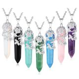 Natural hexagonal pillar amethyst pink crystal tiger eye stone necklace retro silver rose plum blossom pendant