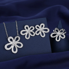Five petal flower three piece set with luxurious diamond studded zircon rings, necklaces, earrings