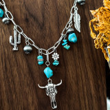 Western cowboy retro ethnic style imitation turquoise alloy bull head feather CCB bead necklace for women