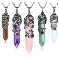 Natural Stone Hexagonal Column Pendant Amethyst Necklace Retro Rose Alloy Pendant Energy Stone
