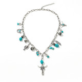 Western cowboy retro ethnic style imitation turquoise alloy bull head feather CCB bead necklace for women