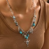 Western cowboy retro ethnic style imitation turquoise alloy bull head feather CCB bead necklace for women