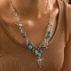 Western cowboy retro ethnic style imitation turquoise alloy bull head feather CCB bead necklace for women