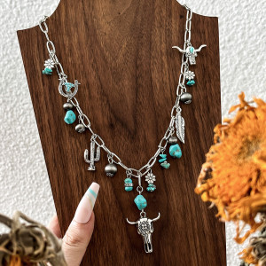Western cowboy retro ethnic style imitation turquoise alloy bull head feather CCB bead necklace for women