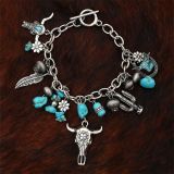 Western cowboy retro ethnic style imitation turquoise alloy bull head feather CCB bead necklace for women