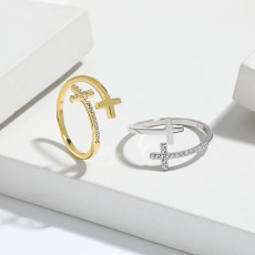 S925 sterling silver double cross open ring for women's trendy food ring