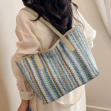 Handheld contrasting woven canvas bag, casual travel commuting women's bag