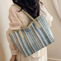 Handheld contrasting woven canvas bag, casual travel commuting women's bag