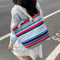 Ethnic style canvas bag, large capacity hemp rope shoulder strap bucket bag, artistic striped commuting bag, student bag
