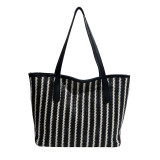 Handheld contrasting woven canvas bag, casual travel commuting women's bag
