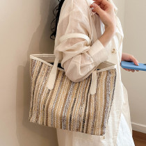 Handheld contrasting woven canvas bag, casual travel commuting women's bag