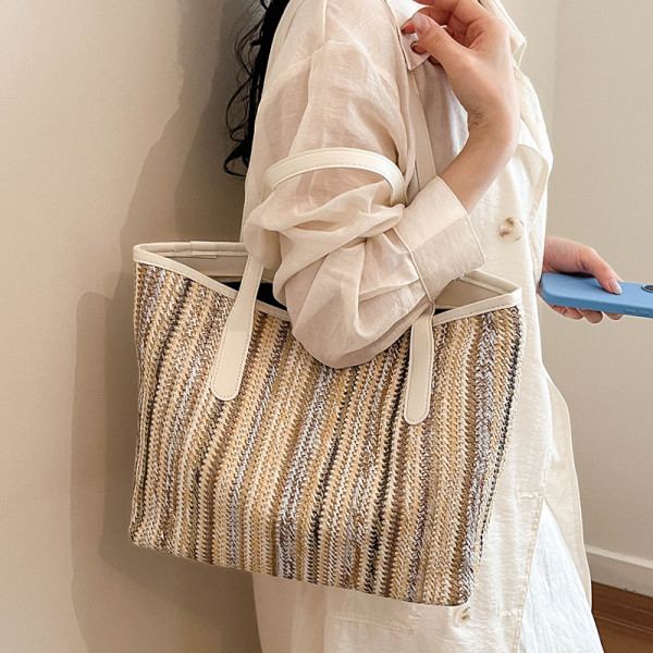 Handheld contrasting woven canvas bag, casual travel commuting women's bag