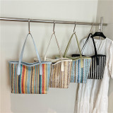 Handheld contrasting woven canvas bag, casual travel commuting women's bag
