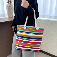 Ethnic style canvas bag, large capacity hemp rope shoulder strap bucket bag, artistic striped commuting bag, student bag