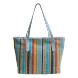 Handheld contrasting woven canvas bag, casual travel commuting women's bag