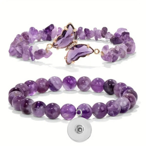 20mm snap button Butterfly natural stone bracelet, crushed stone amethyst bracelet