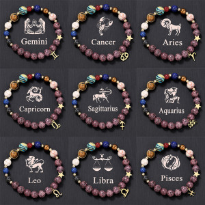 Eight Planets, 12 Constellations Bracelet, Stainless Steel Pendant, Natural Stone Handmade Beaded Couple Bracelet, Female