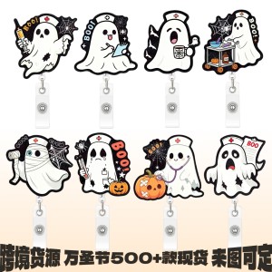 Halloween Boo Crew Ghost Nurse Elastic Fun Acrylic Stretch Badge Roll-Up Chest Plate Clip
