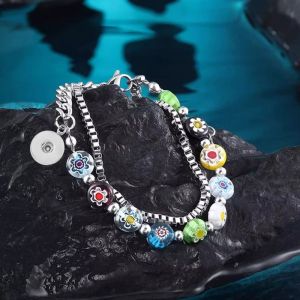 Colorful Dopamine Glass Bracelet Women's Double layered Beaded Handmade 20mm snap button jewelry