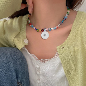 Colored glass bead necklace collarbone chain for women 20mm snap button jewelry