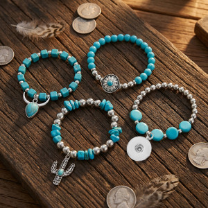 Vintage Turquoise Bracelet Set Cactus Bead Bracelet 20mm snap button jewelry