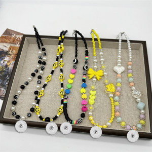 Colored bead necklace acrylic smiling face love bow cartoon student collarbone chain 20mm snap button jewelry