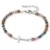Natural Pine Stone Bracelet Stainless Steel Cross 4mm Picture Stone Powder Crystal Bracelet African Pine Cross Bracelet