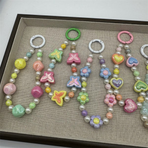 Macaron colored beaded mobile phone chain, cute love flower butterfly pendant, girl's heart pearl bag ornament