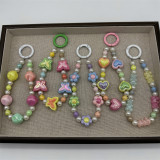 Macaron colored beaded mobile phone chain, cute love flower butterfly pendant, girl's heart pearl bag ornament
