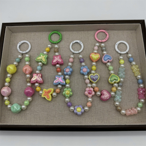 Macaron colored beaded mobile phone chain, cute love flower butterfly pendant, girl's heart pearl bag ornament