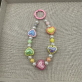 Macaron colored beaded mobile phone chain, cute love flower butterfly pendant, girl's heart pearl bag ornament