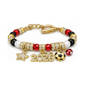 World Cup bracelet with gold football and diamond studded pentagram pendant, adjustable chain, 2026 World Cup football bracelet