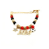 World Cup bracelet with gold football and diamond studded pentagram pendant, adjustable chain, 2026 World Cup football bracelet