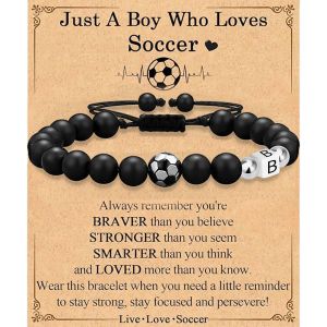 Black Matte Sports Bracelet Alloy Football Pendant Silver Bead 26-Letter Beaded Bracelet 8M Black Matte Letter Bracelet