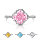 Colored Gemstone Ice Flower Cutting Clover Ring, Sparkling High Carbon Diamond Ring