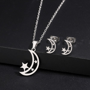 Stainless steel necklace earring set with geometric simplicity, heart-shaped smooth surface, three piece set for women