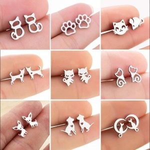 Stainless steel small animal earrings for girls, pet cats, cute dogs, earrings ins