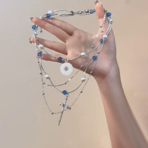 20MM snap button necklace Multi layered pearl necklace, cross pendant, sweater chain for women