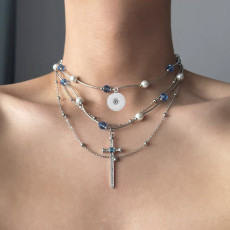20MM snap button necklace Multi layered pearl necklace, cross pendant, sweater chain for women
