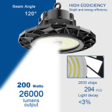 ABODONG LED High Bay Light 200W 26,000LM UFO High Bay LED Shop Lights 1-10V Dimmable 5000K 6.5'Cable with US Plug DLC Complied [800W MH/HPS Equiv.]