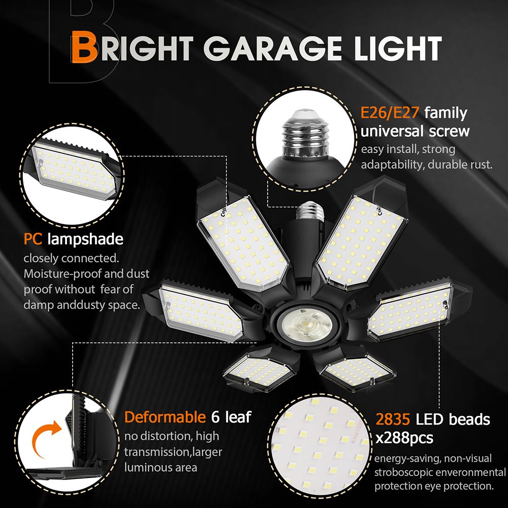 YHNNH 10000LM LED Garage Light – 6 Adjustable Panels, 6500K Daylight, E26/E27 Socket, Super Bright For Workshop & Warehouse