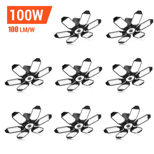 8-Pack Adiding LED Garage Ceiling Light,100 Watt,10000 Lumen, 6500K Daylight, Deformable 6+1 Panels, LED Shop Lights