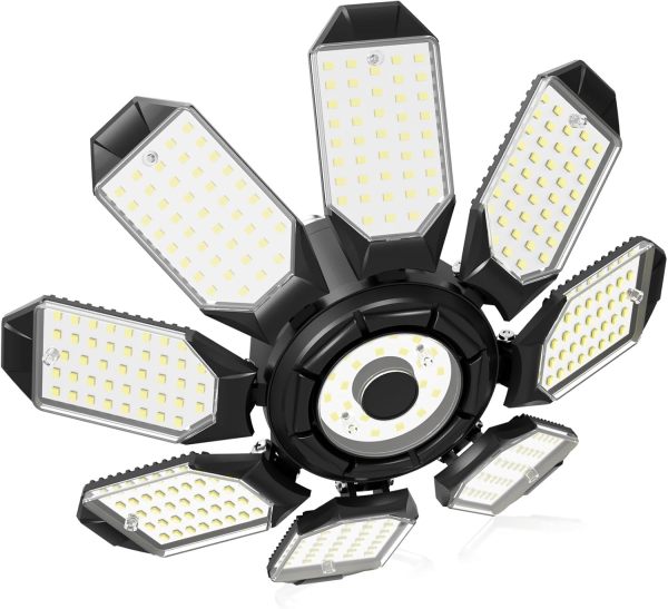 LED Garage Ceiling Lights 14000Lm w/ 8 Adjustable Panels, Super Bright Deformable Basement Light Bulb Fixture Screw in E26 Bulbs Socket for Indoor Shop, Workshop, Attic, Barn, Bay, Home Gym