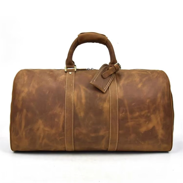 Men Vintage Crazy Horse Leather Travel Bag Big Real Leather Weekend Bag Zip Around Cow Leather Duffle Bag Hand Luggage Bag