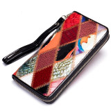 Women's Cowhide Clutch Bag Genuine Leather Long Wallet Patchwork Ethnic Style Lady Leather Purse Wallet Patent Female Clutches