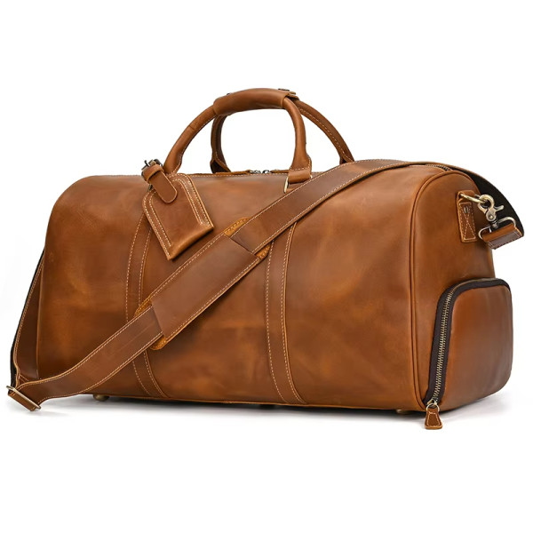 Custom Name Mens Leather Travel Duffle Bag Cow Leather Men's Weekender Bags Real Cowskin Leather Handbags For Travelling Outdoor
