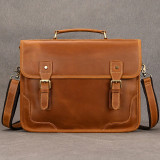 Real Cowskin Men Briefcase Bag Crazy Horse Leather Shoulder Messenger Bag Quality Office Tote Handbags for 15.6  Laptop