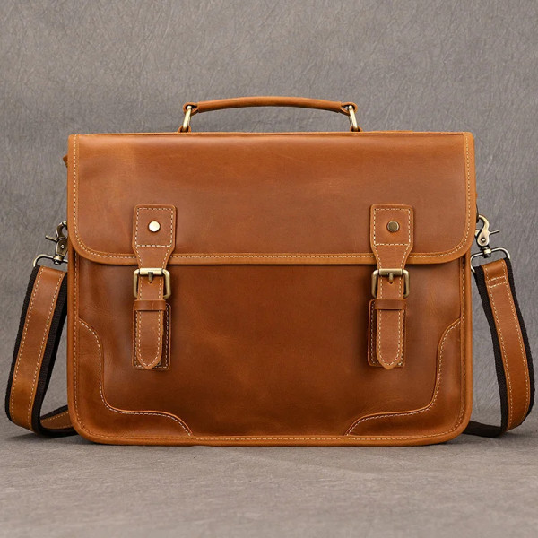 Real Cowskin Men Briefcase Bag Crazy Horse Leather Shoulder Messenger Bag Quality Office Tote Handbags for 15.6  Laptop