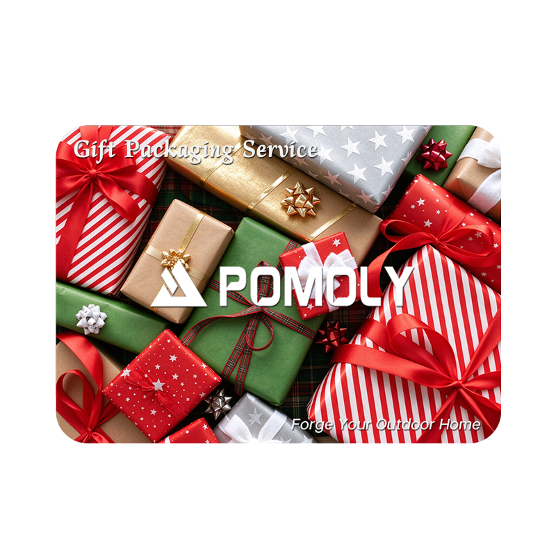 POMOLY camping gear prepared with gift wrapping, ribbon, and a greeting card